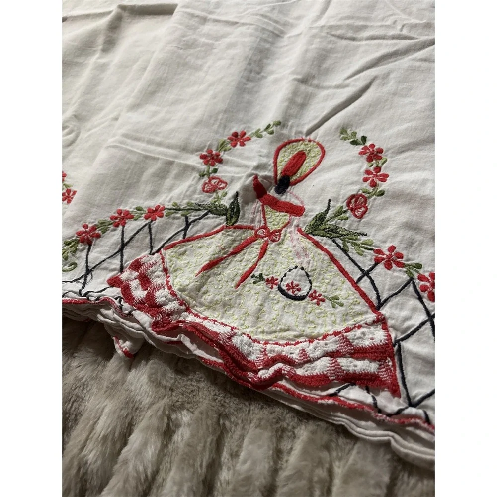 2 Vintage Southern Belle Hand Embroidered Crocheted Red Pillowcases Cottagecore